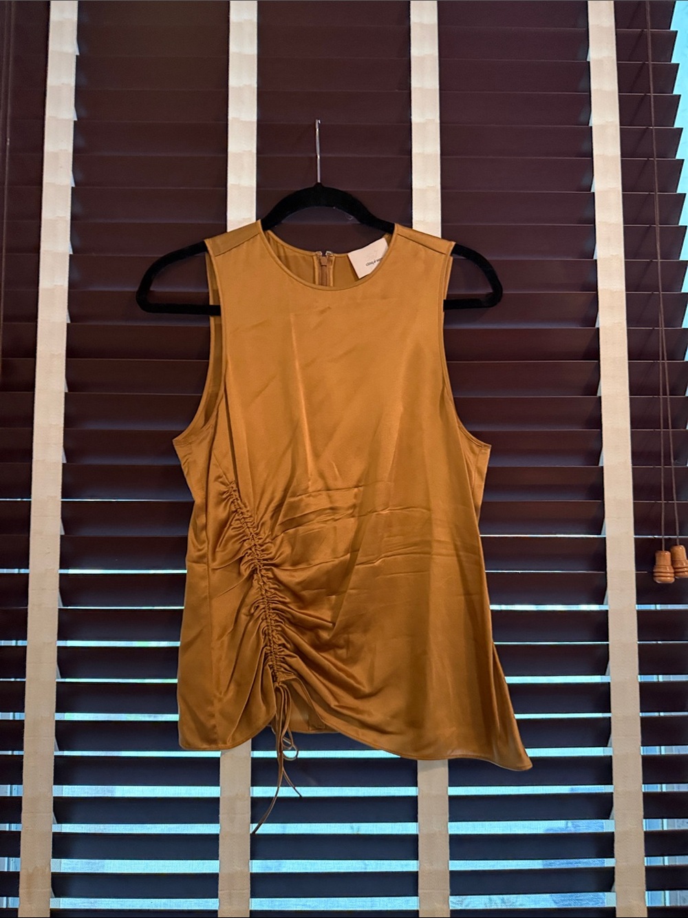cinq a sept gold Satin Ruched Side Tank
